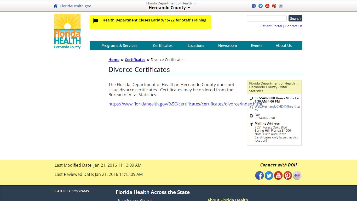 Divorce Certificates | Florida Department of Health in Hernando